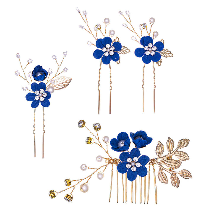 Kukka hiuskoru helmillä koristeltu 3kpl hengetön + 1kpl kampa setti