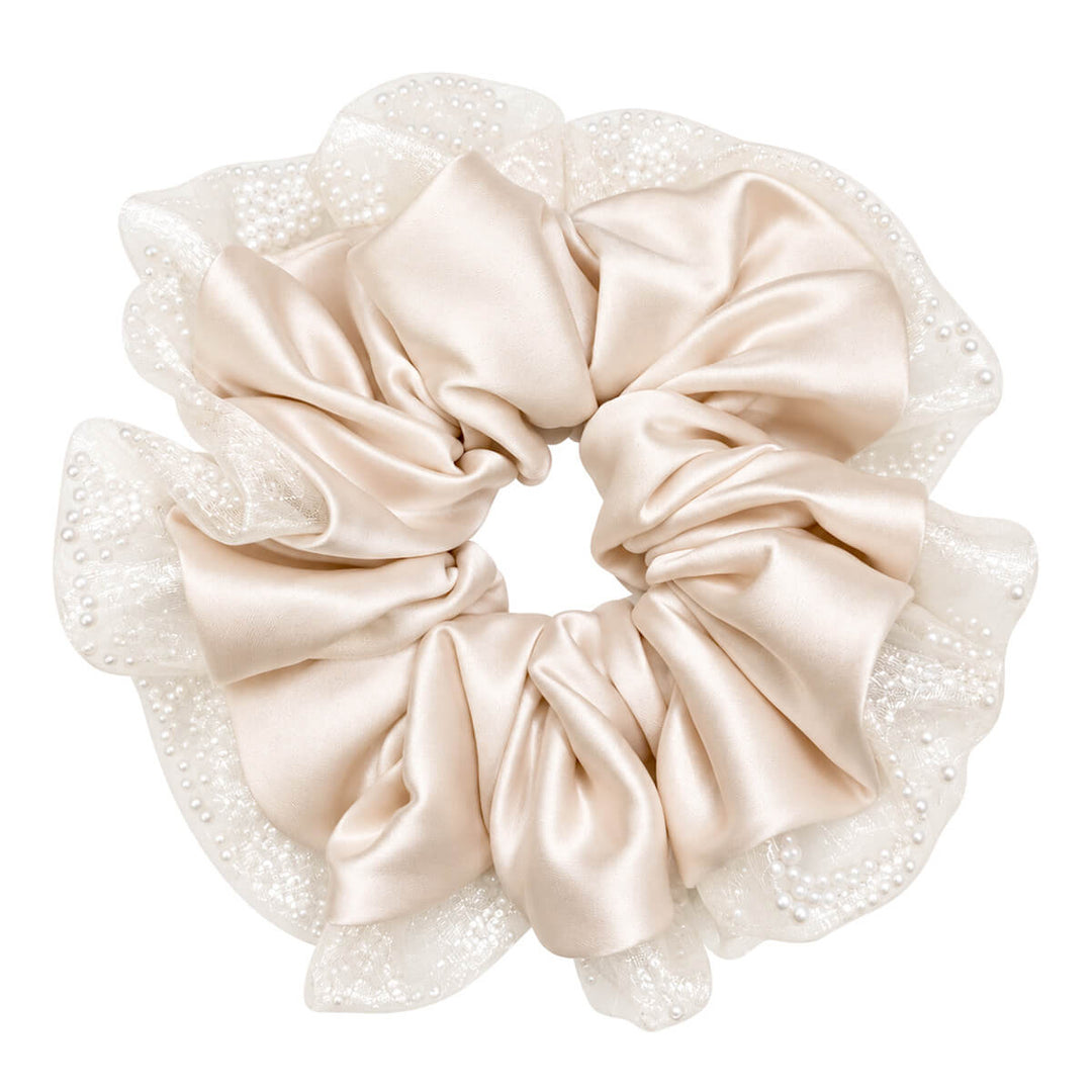 Satin scrunchie with pearl embellishments – large &amp; soft, 14 cm