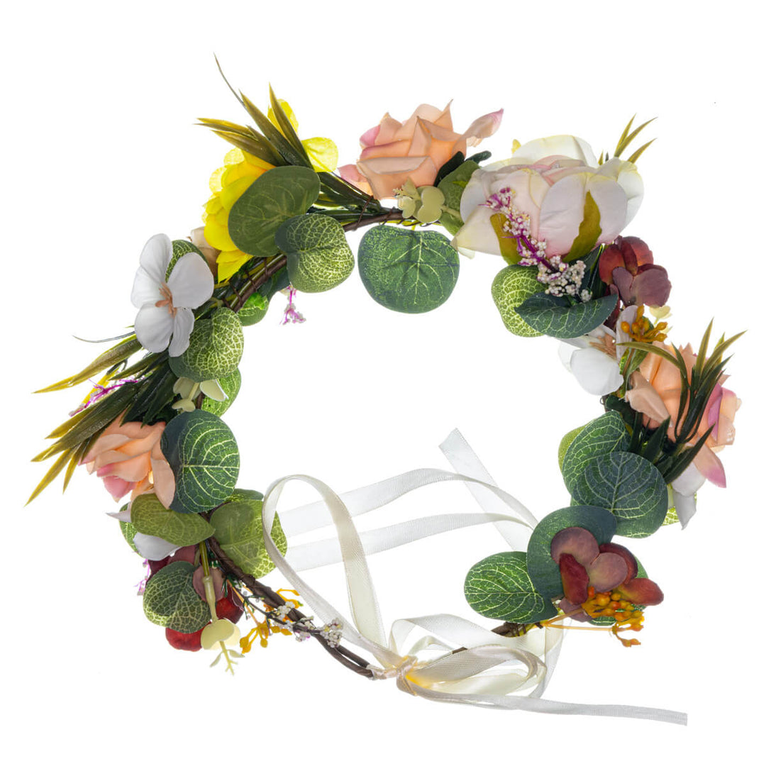 Multicoloured wreath of roses and sunflowers