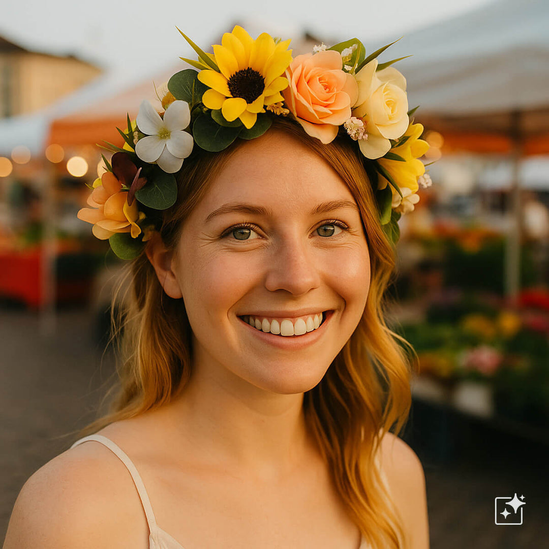 Multicoloured wreath of roses and sunflowers