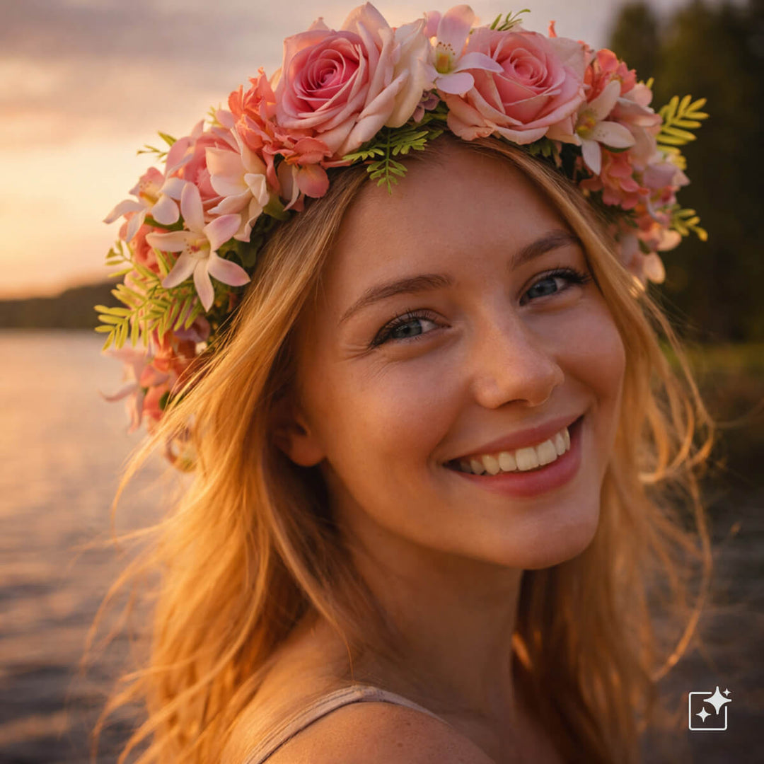 Vaaleanpunainen kukkaseppele ruusuilla