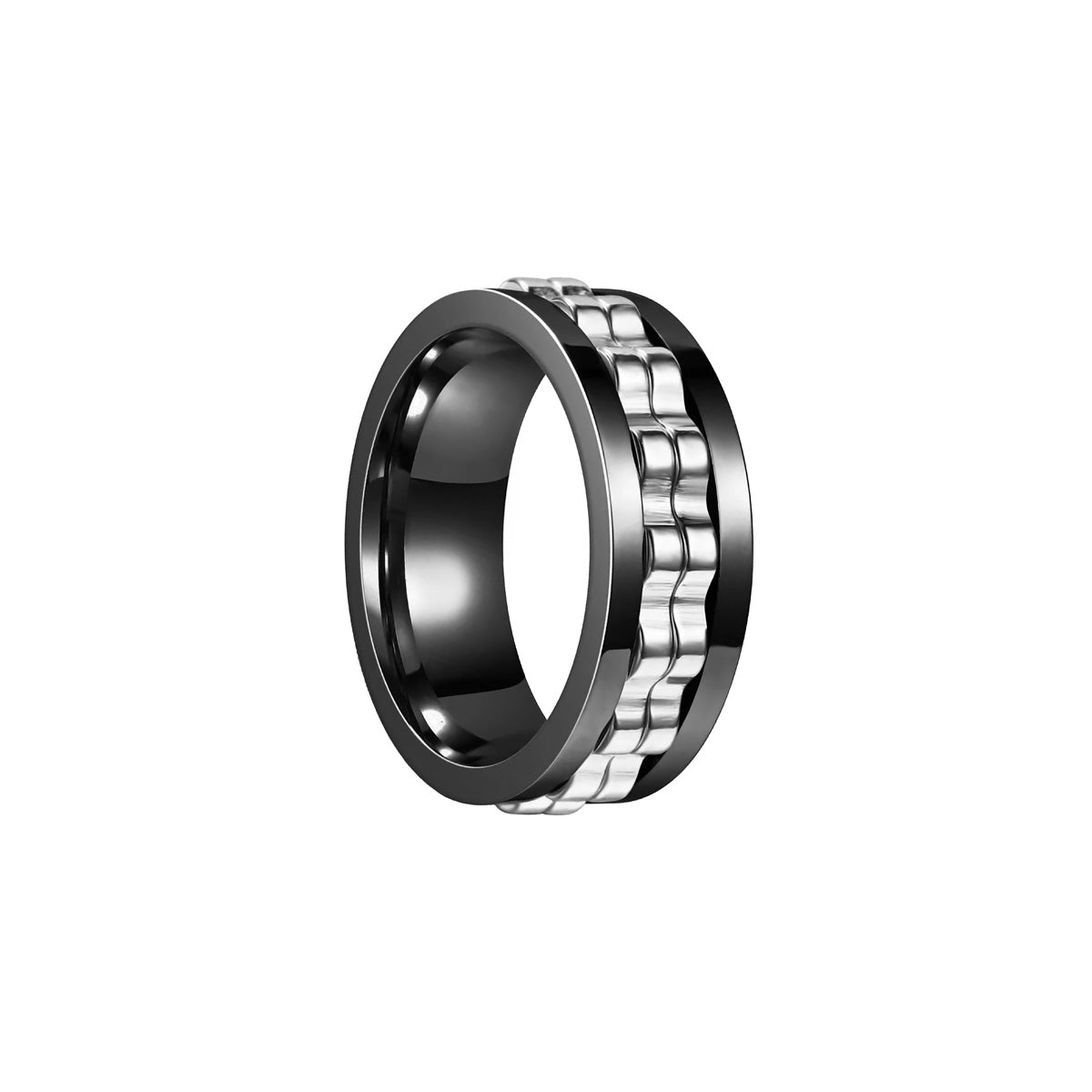 Rotating cog ring black silver anti-stress ring (Steel 316L)