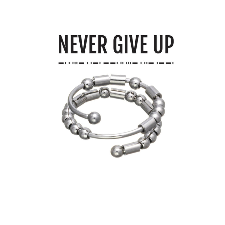 NEVER GIVE UP morse-koodi antistressi sormus (Teräs 316L)