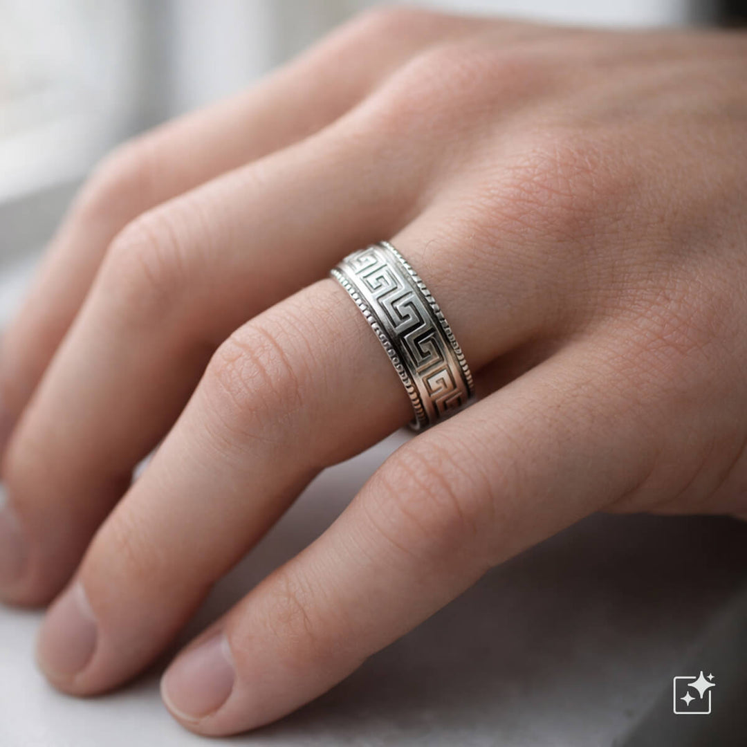 Bred grekisk nyckelring med stressring 8 mm Spinner (stål 316L)