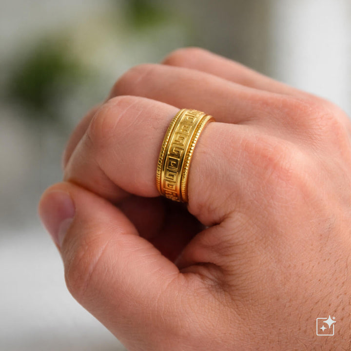 Golden wide Greek key pattern stress ring 8mm Spinner (Steel 316L)