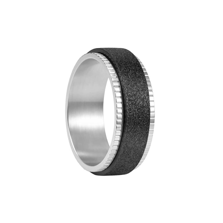 Shimmering black anti-stress ring with decorative edges (316L stainless steel)