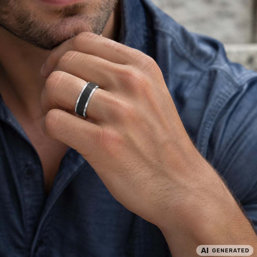 Shimmering black anti-stress ring with decorative edges (316L stainless steel)