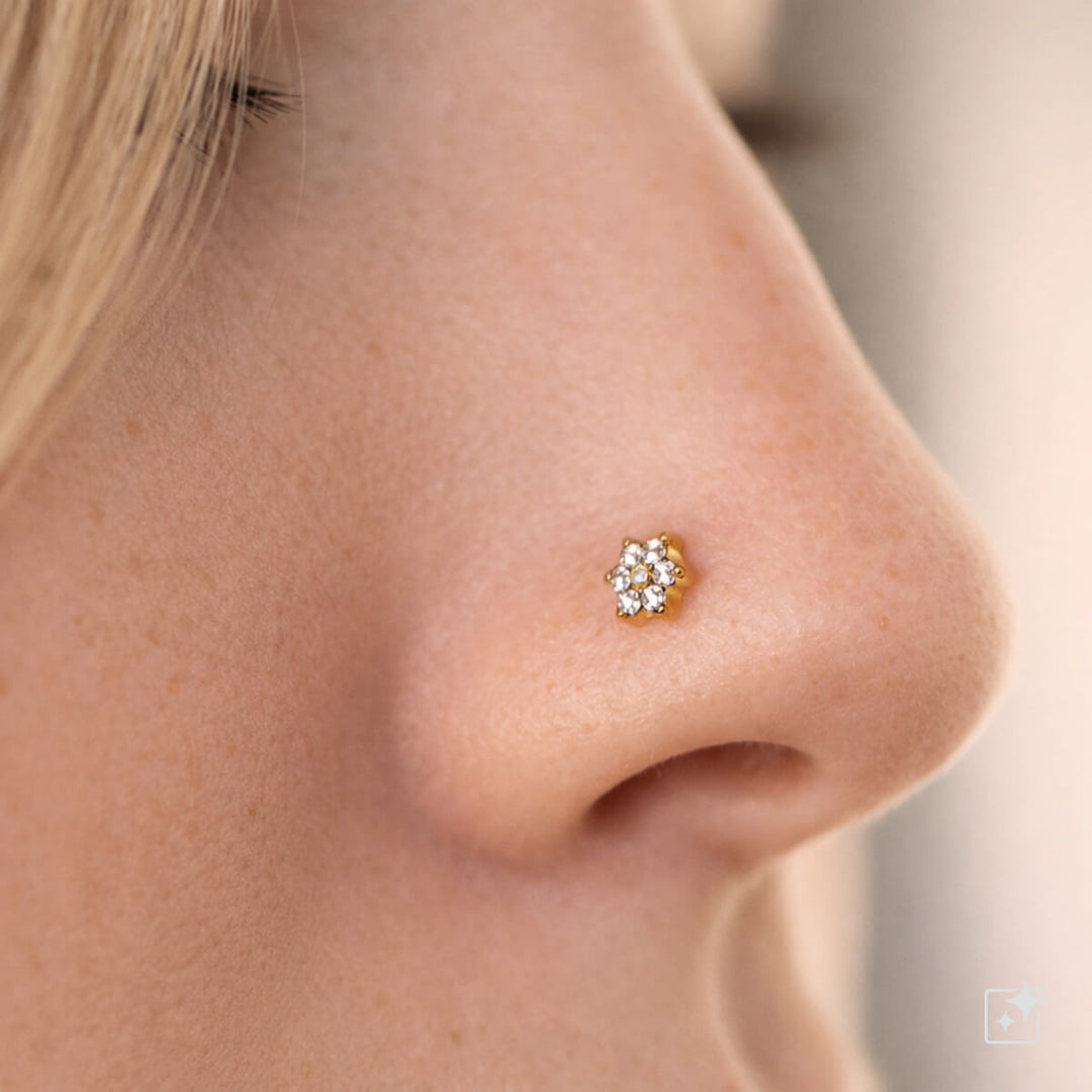 Gold-Plated Zirconia Flower Nose Ring, Spiral, 0.8 mm (PVD-Coated Titanium G23)