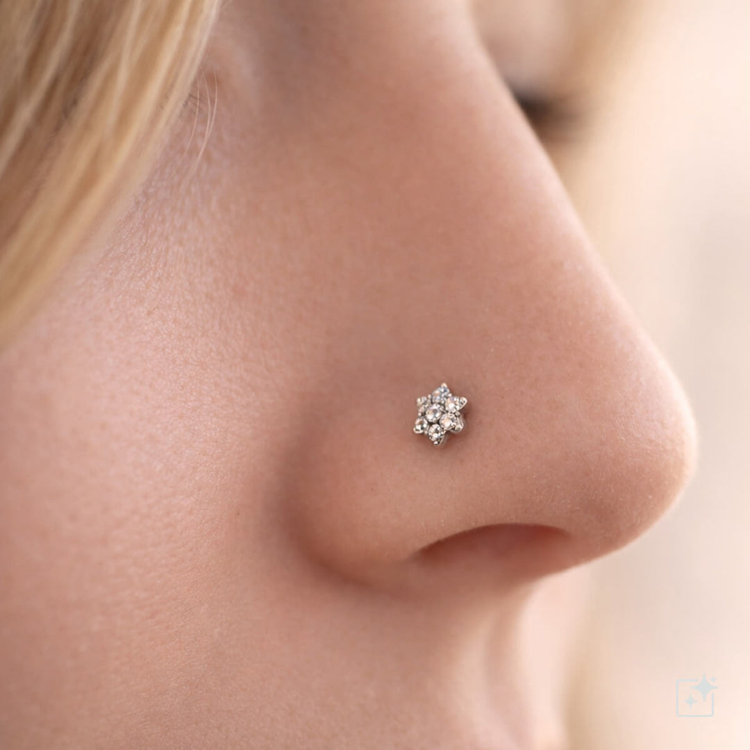 Zirconia flower nose ring, spiral, 0.8 mm (Titanium G23)