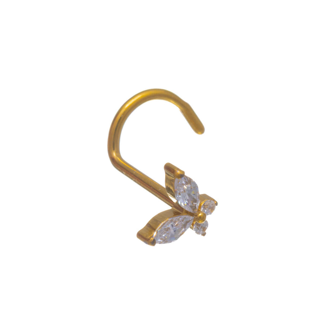 Gold-Plated Zirconia Butterfly Nose Ring, Spiral, 0.8 mm (PVD-Coated Titanium G23)