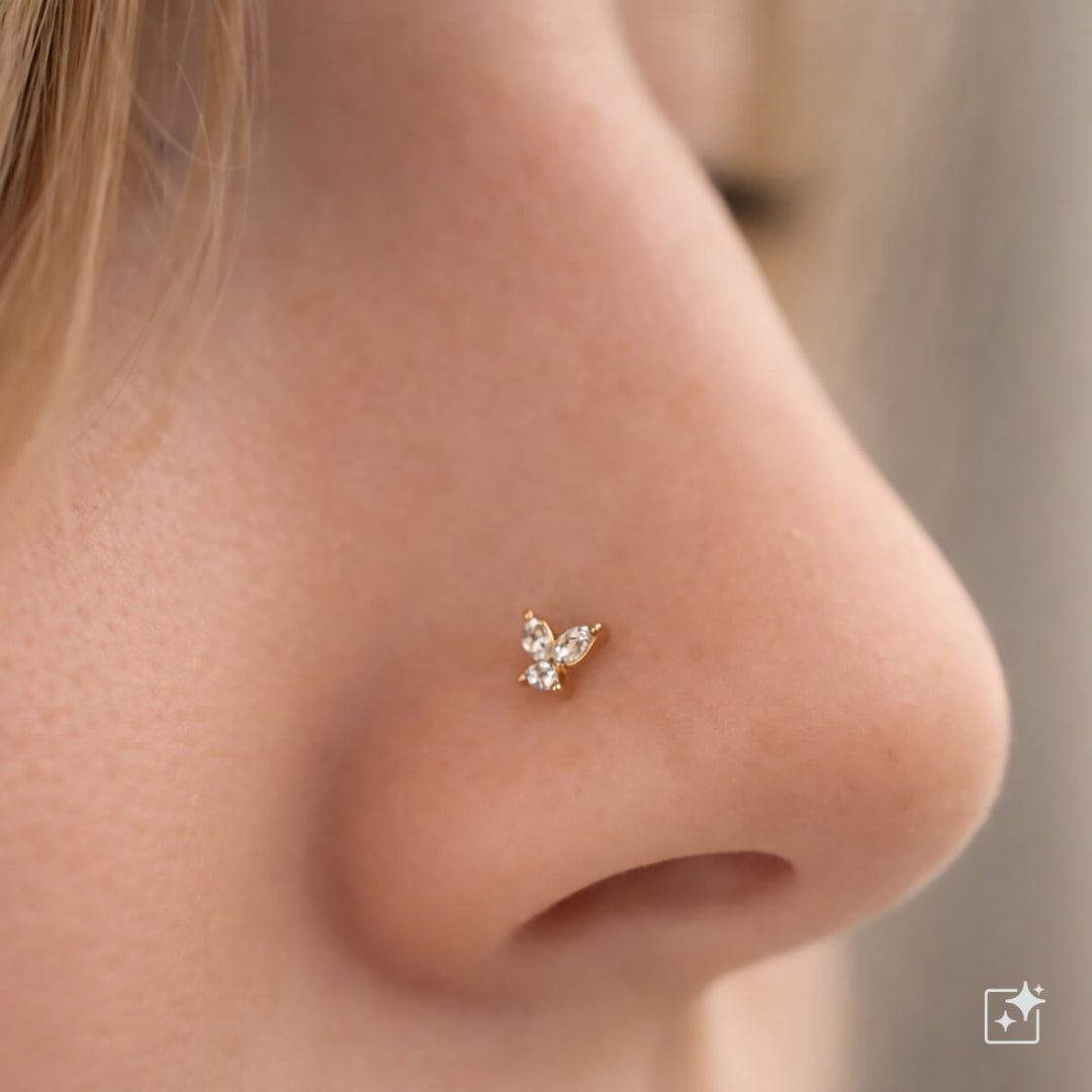 Gold-Plated Zirconia Butterfly Nose Ring, Spiral, 0.8 mm (PVD-Coated Titanium G23)