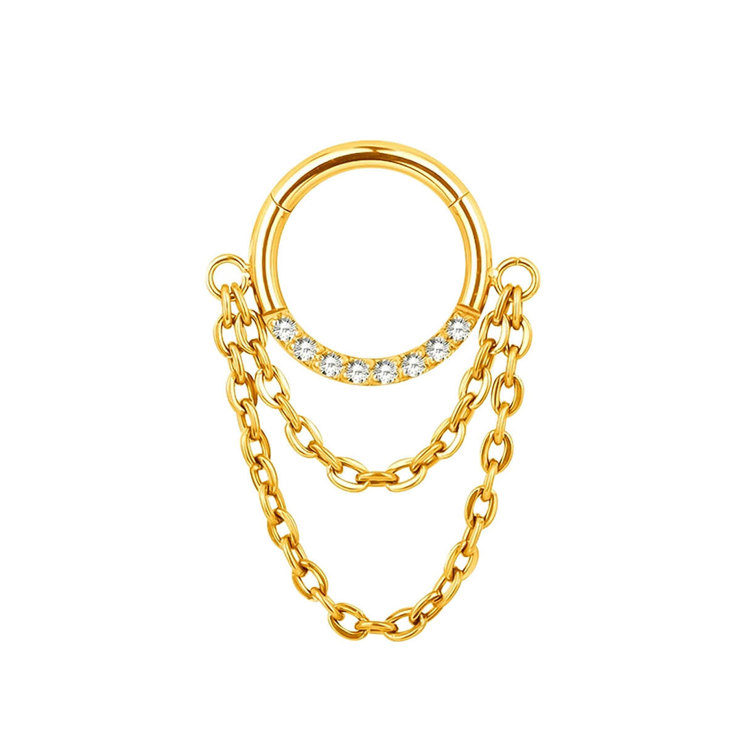 Gold-plated zirconia clicker ring with double chain, 1.2 mm (PVD-coated titanium G23)