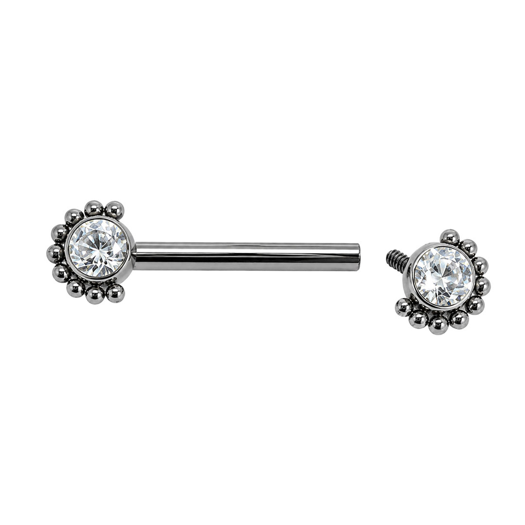Titanium nipple ring with zirconia stones and a beaded edge (Titanium G23)