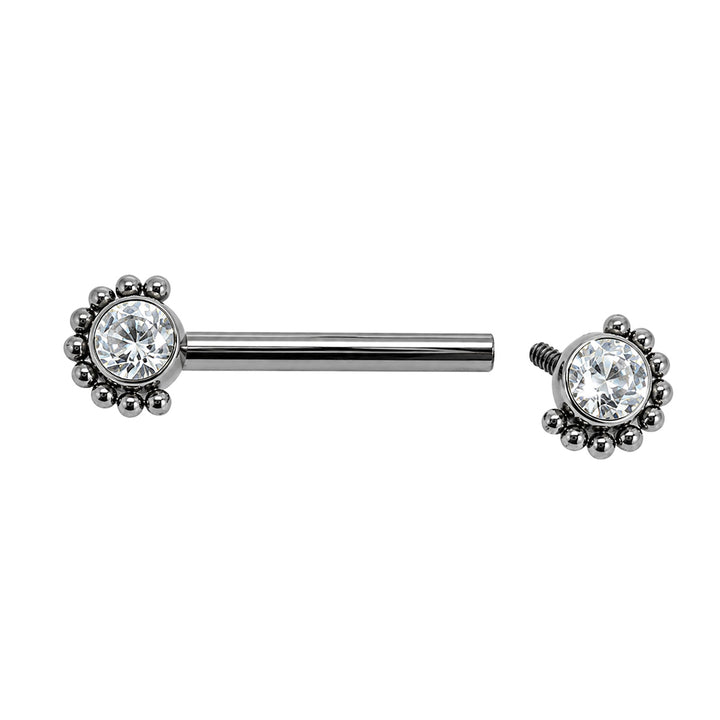 Titanium nipple ring with zirconia stones and a beaded edge (Titanium G23)