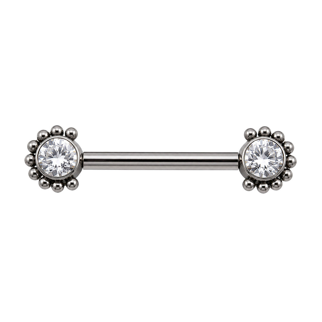 Titanium nipple ring with zirconia stones and a beaded edge (Titanium G23)