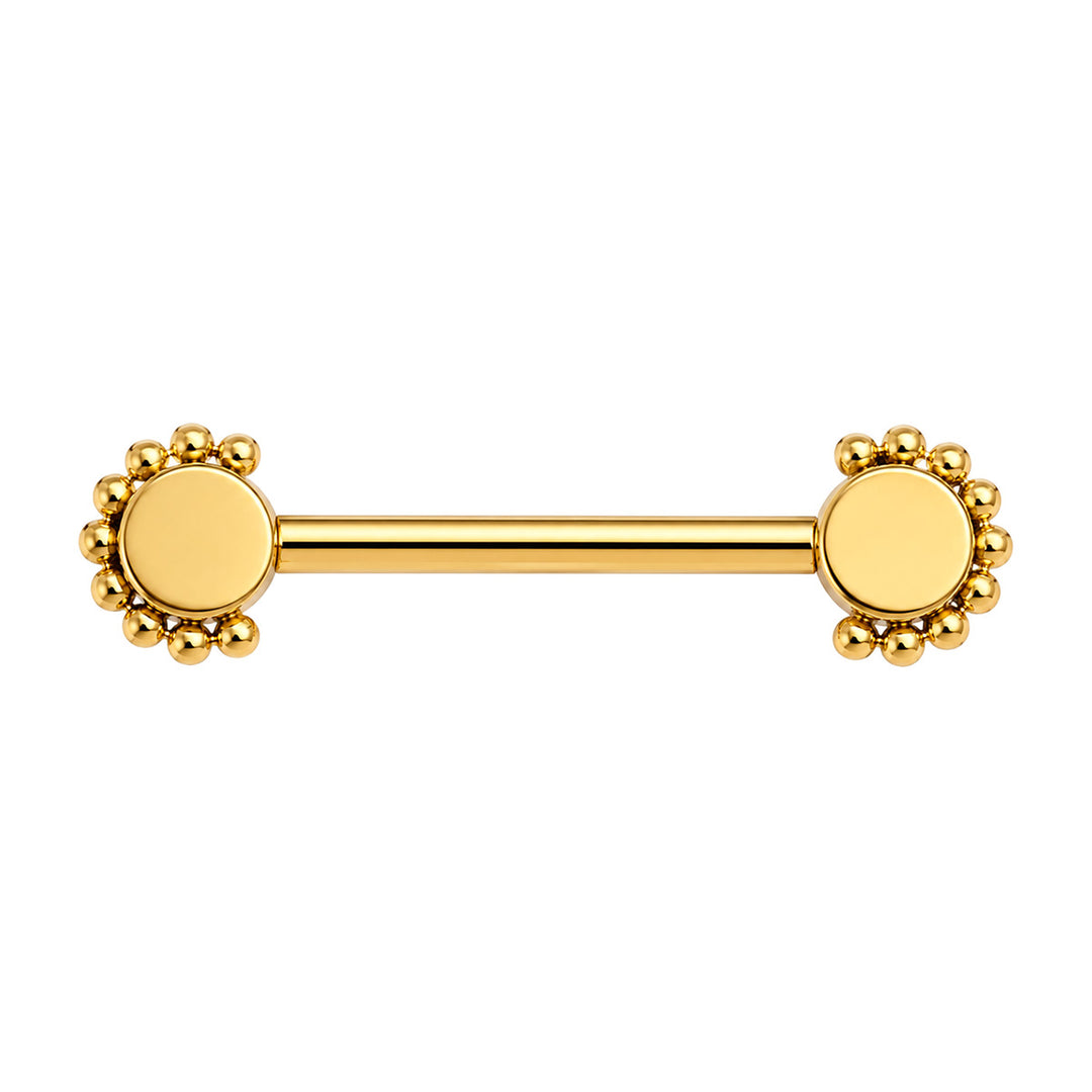 Gold-plated titanium nipple ring with zirconia stones and a beaded edge (PVD-coated titanium G23)