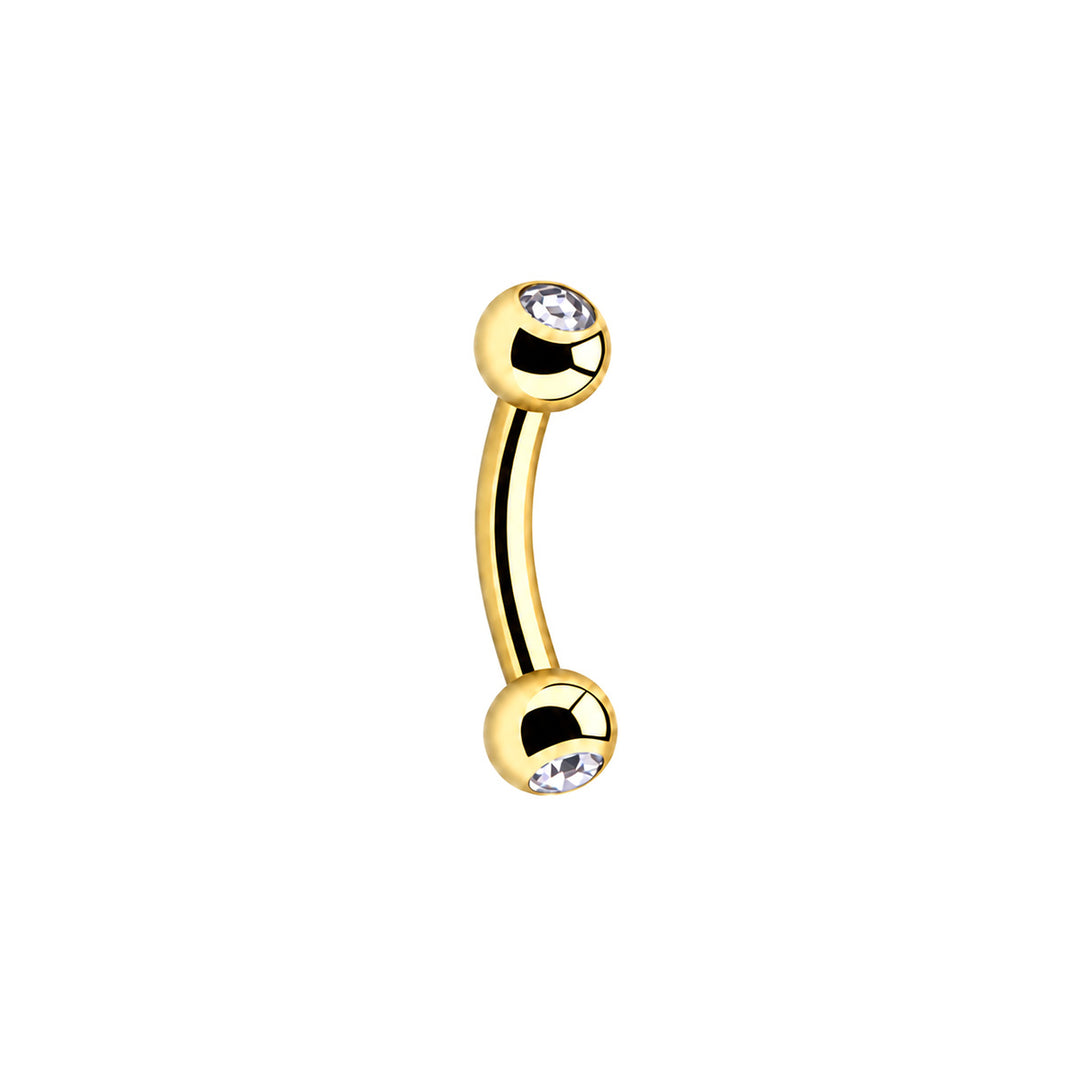 PVD-kullattu G23-titaaninen kulmakoru 1,2 × 6 mm, kirkkaat lasikivet molemmissa palloissa