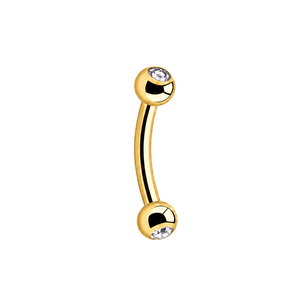 PVD-kullattu G23-titaaninen kulmakoru 1,2 × 8 mm, kirkkaat lasikivet molemmissa palloissa