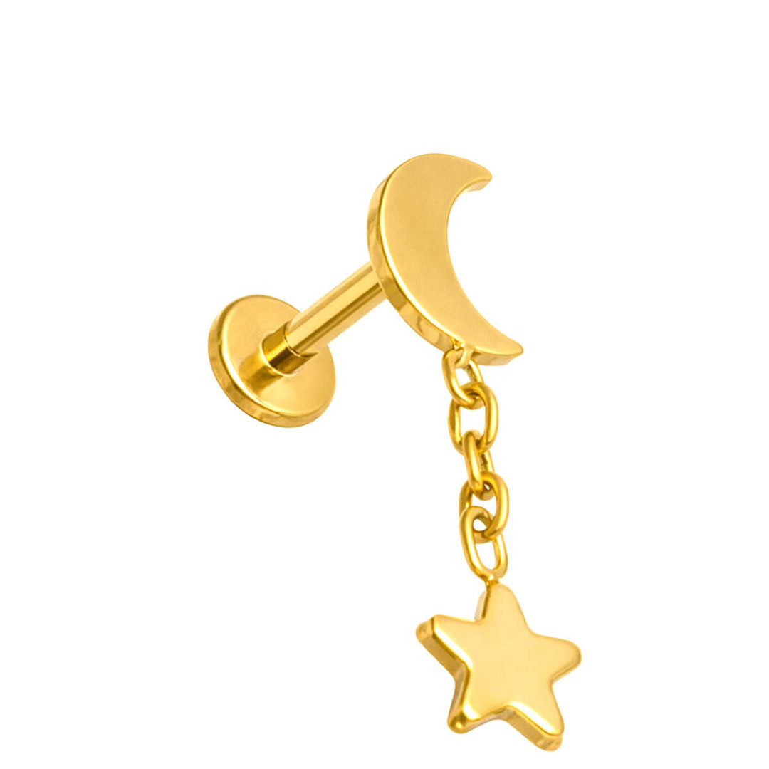 Golden crescent moon rustic star pendant on a chain, labret 1.2 mm (PVD Titanium G23)