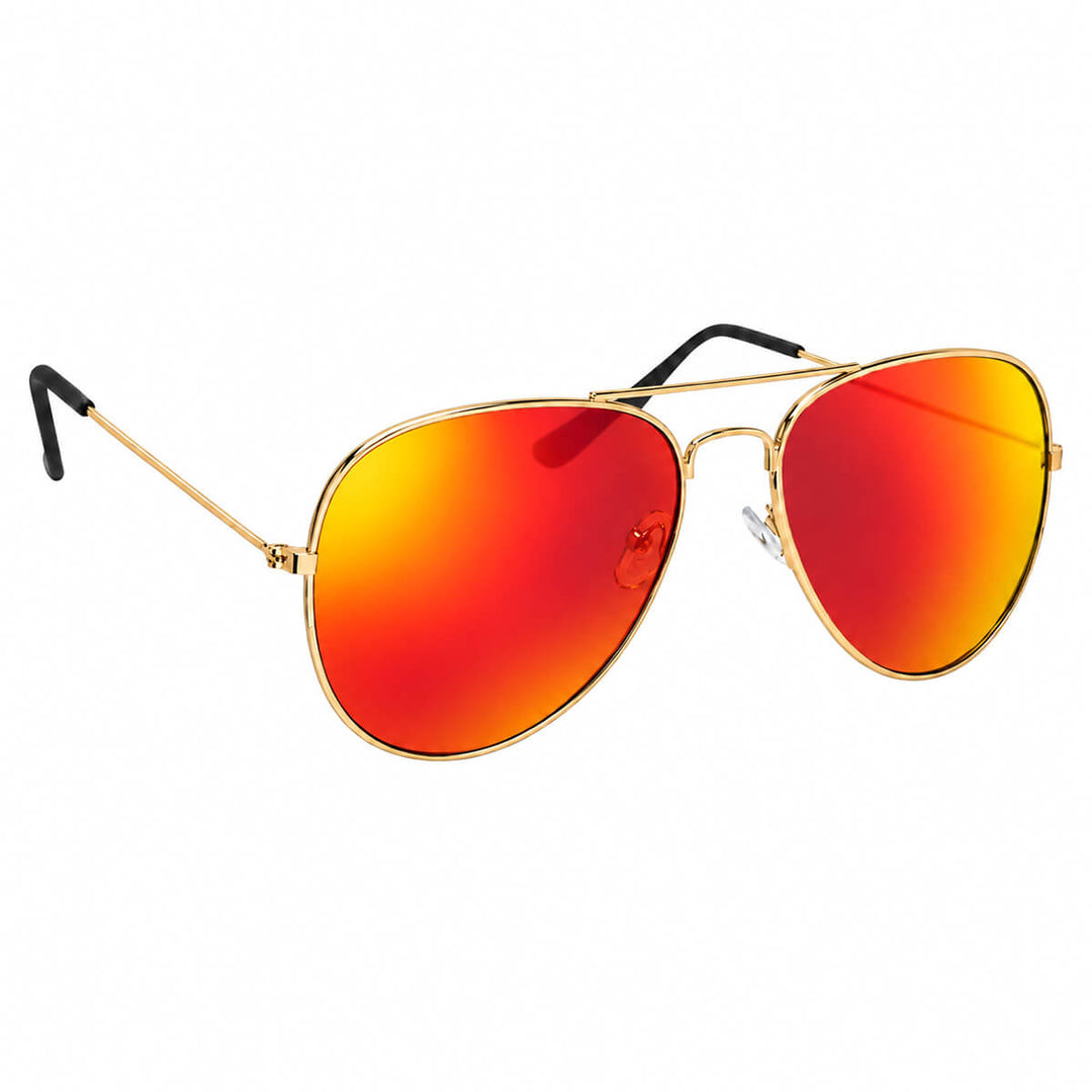 Mirrored pilot sunglasses, gold-colored frame, and rose gold mirrored lenses