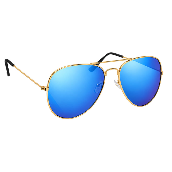 Mirrored pilot sunglasses, gold-colored frame, and blue mirrored lenses