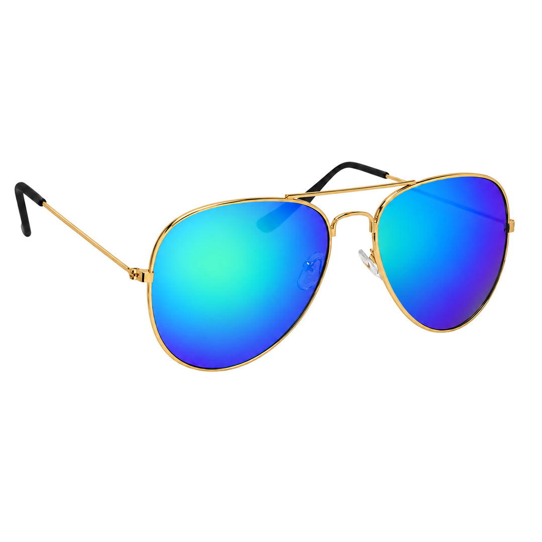 Mirrored pilot sunglasses, gold-colored frame, and green mirrored lenses