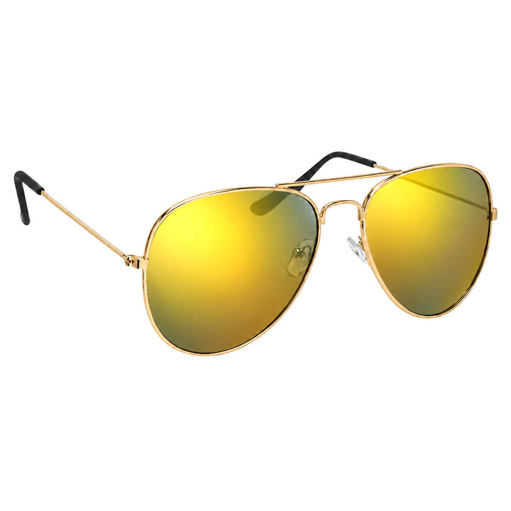 Mirrored pilot sunglasses, gold-colored frame, and gold mirrored lenses