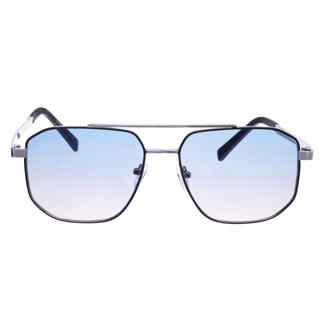 Angled aviator sunglasses with metal frames