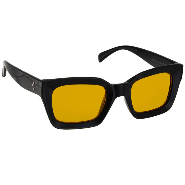 Angled sunglasses with thick frames