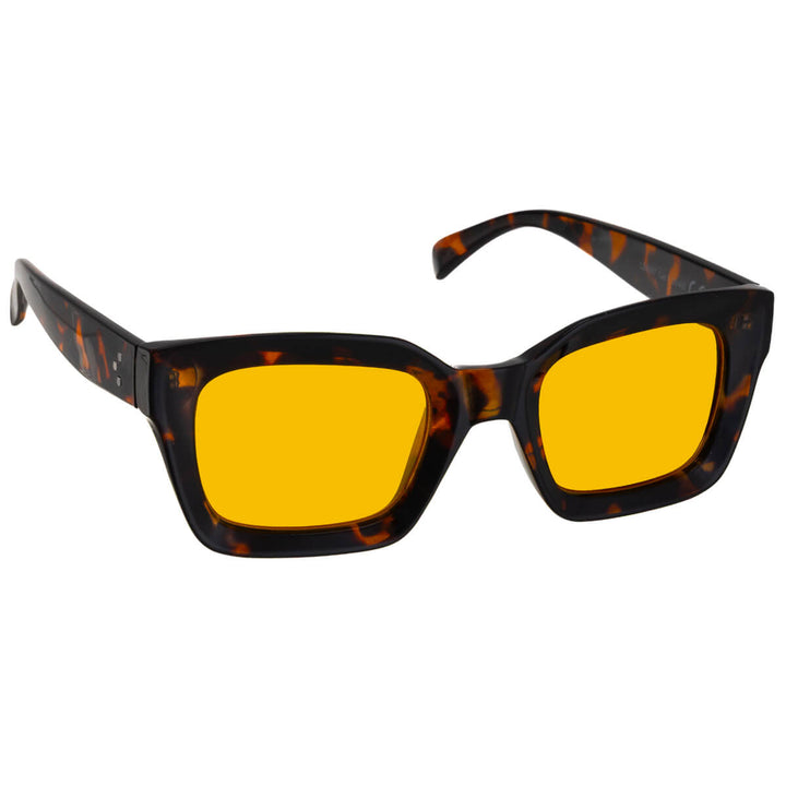 Angled sunglasses with thick frames