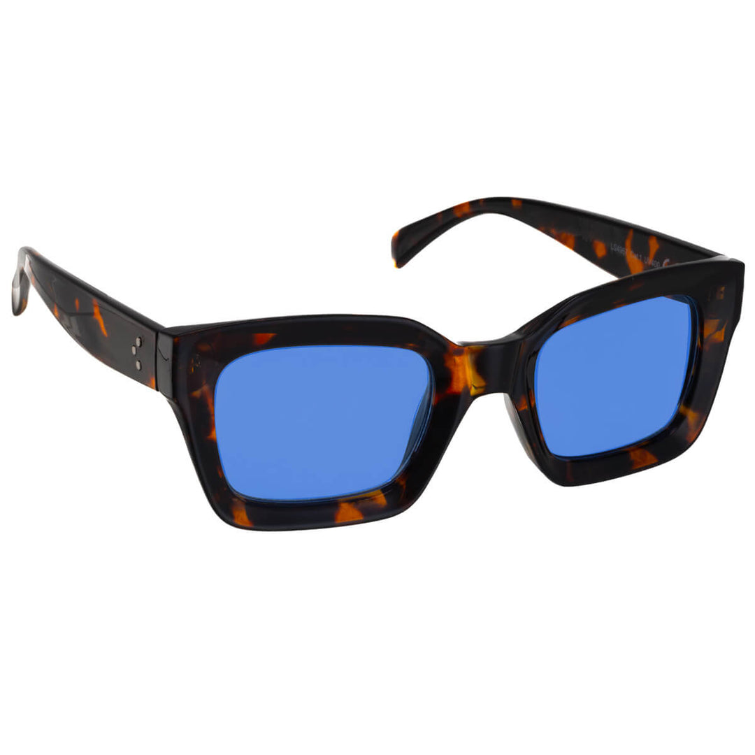 Angled sunglasses with thick frames