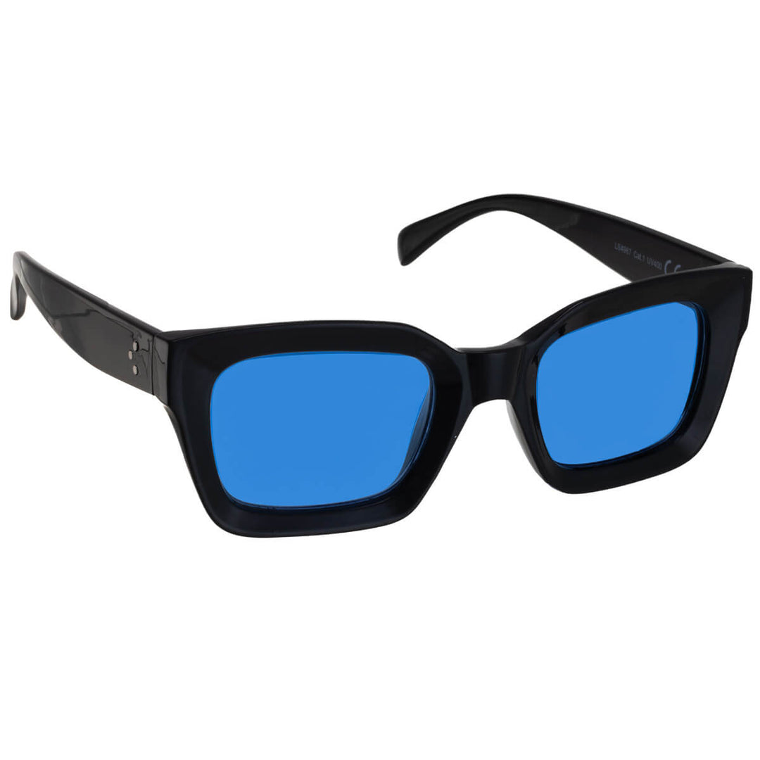 Angled sunglasses with thick frames