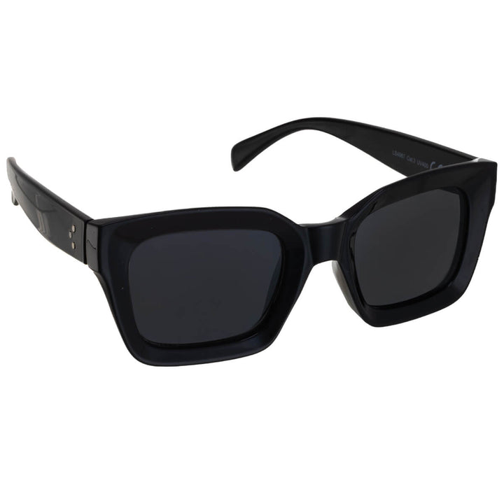 Angled sunglasses with thick frames
