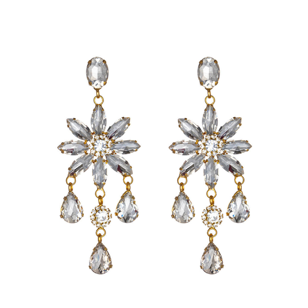 Spectacular party earrings with rhinestone flowers