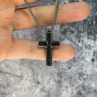 Blackstone Cross Pendant Steel Necklace 60cm
