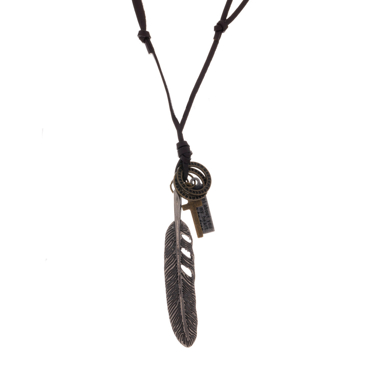Feather pendant necklace in a leather ribbon