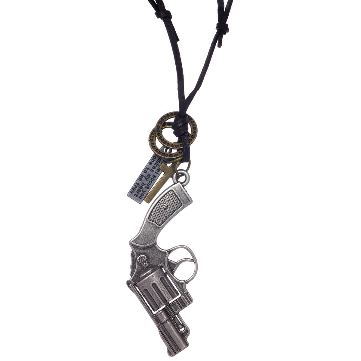 Gun pendant necklace on leather cord