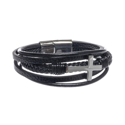 Five row leather bracelet with cross (Steel 316L)