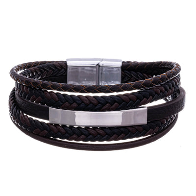 Five row leather bracelet with steel plate