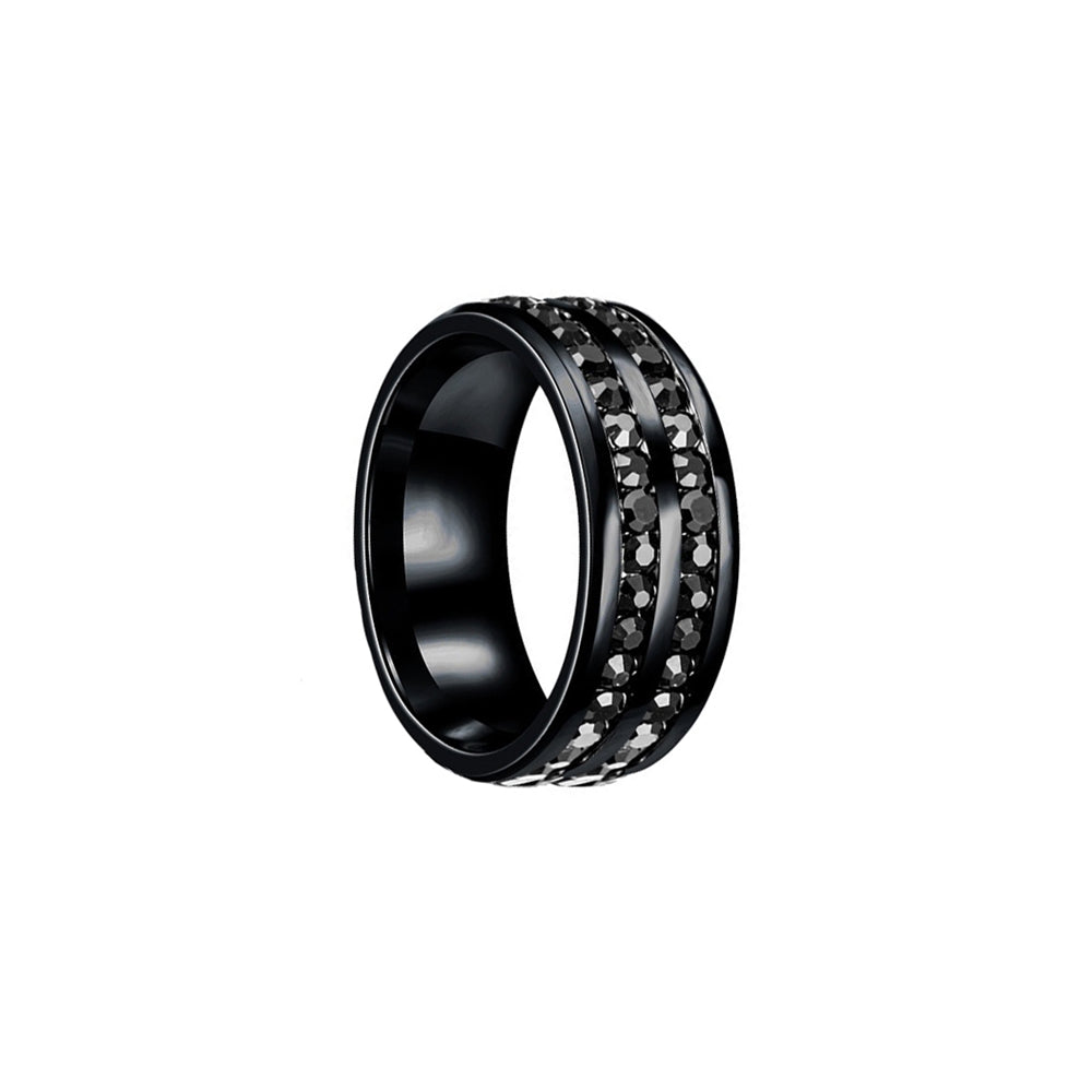 Double row black rhinestone steel ring 8mm