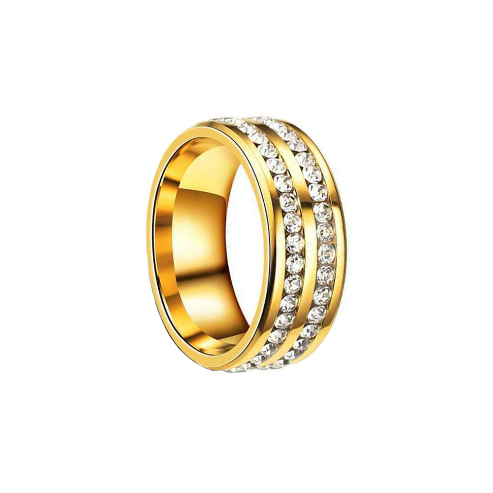 Gold plated double row rhinestone steel ring 8mm
