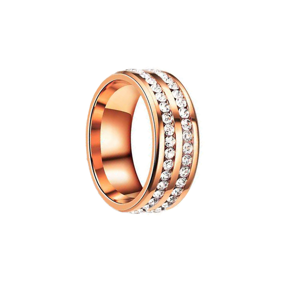Rose Gold Two -Row Rhinestone Steel Ring 8mm