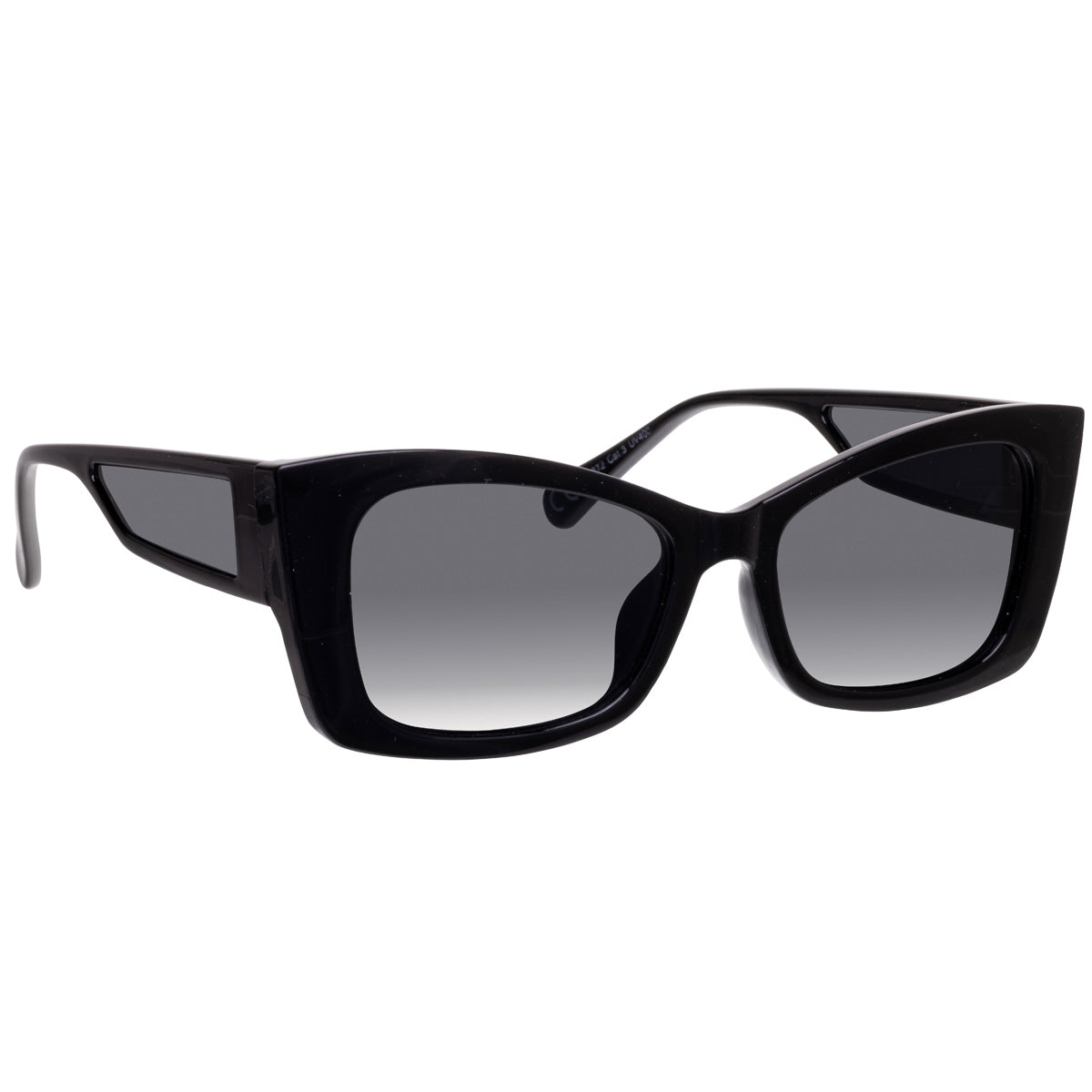 Angled sunglasses with buckled lens