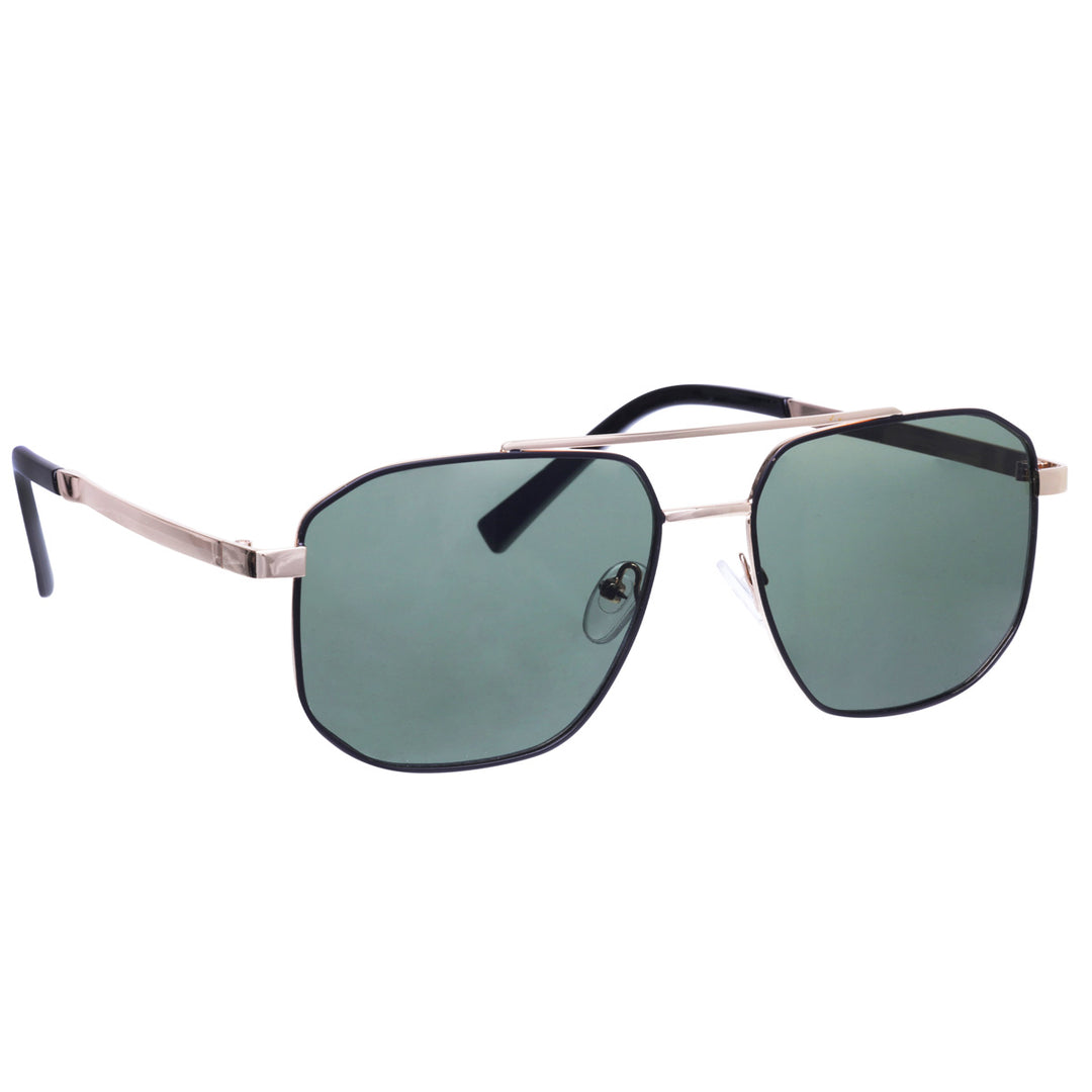 Angled aviator sunglasses with metal frames